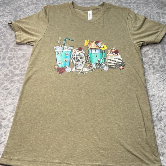 Halloween Skeleton Latte Vneck Green Tee Medium - Picture 3 of 6